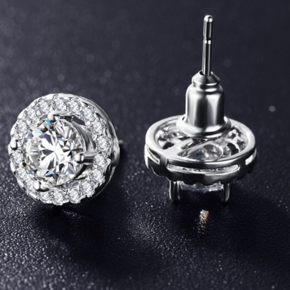 New Round Stud Diamond Sterling Silver Earrings - Picture 9 of 14